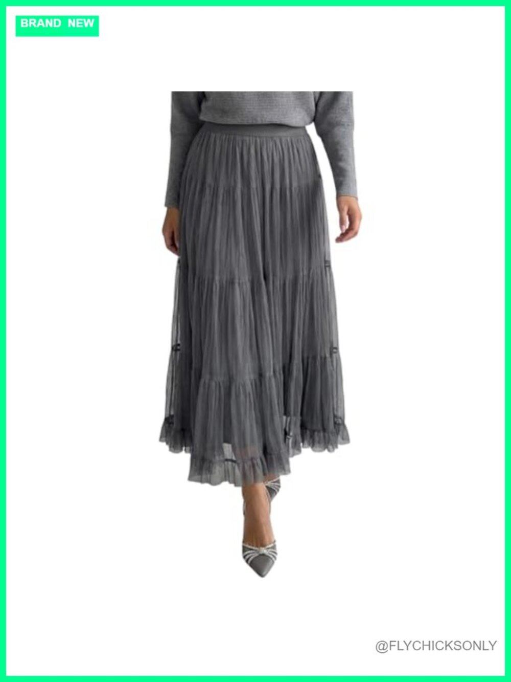 Pleated Tulle Maxi Skirt Elastic Waisted Ruffle Tiered Layered Mesh Flowy Long